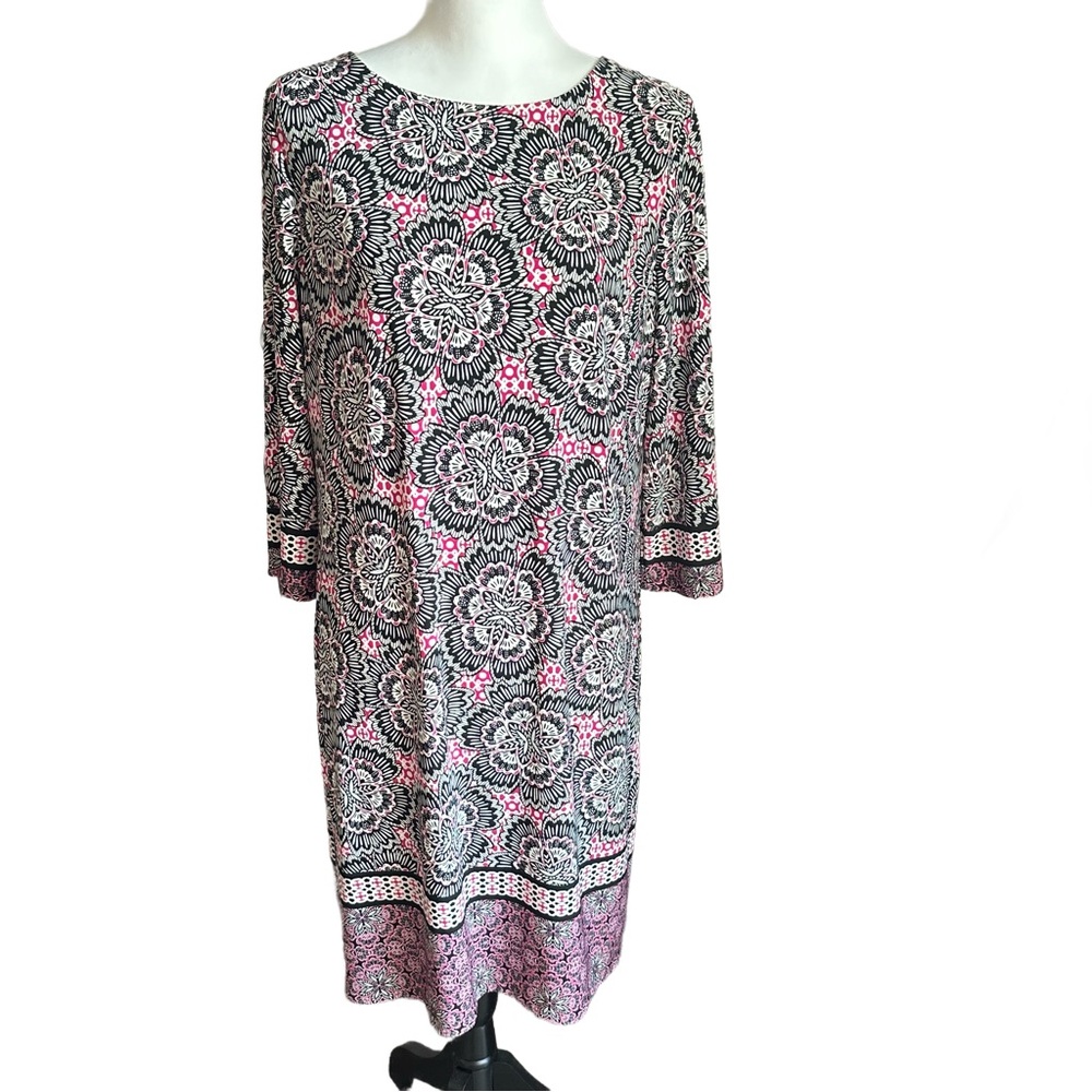 Chico's Dress Size 2‎ (medium) Floral Pink Black White Print Stretch Jersey Knit
